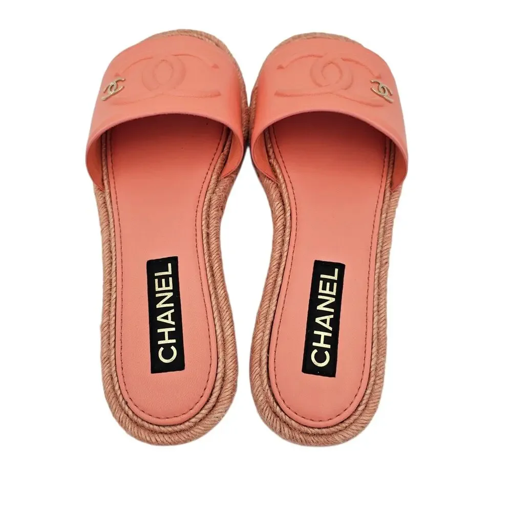 Chanel CC Logo Orange Coral Leather Flat Slide Sandal Jute Size 41 10 10.5